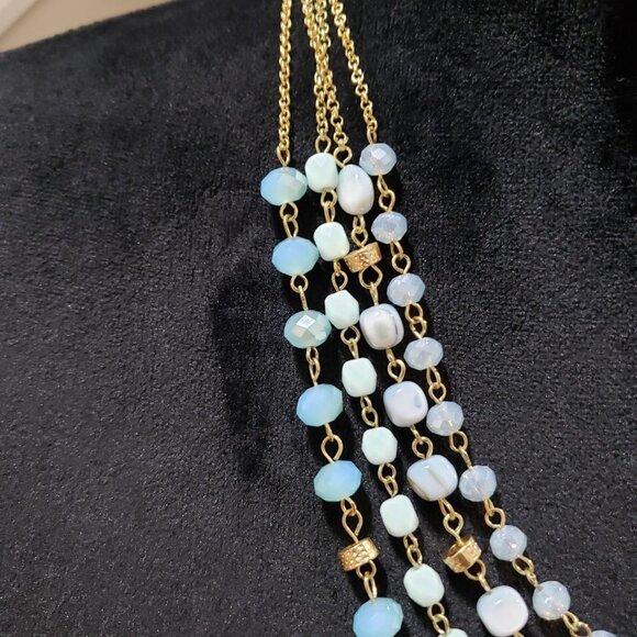 Womens Turquoise Beads Metallic Gold Cord Necklace with Earrings - Picture 7 of 7